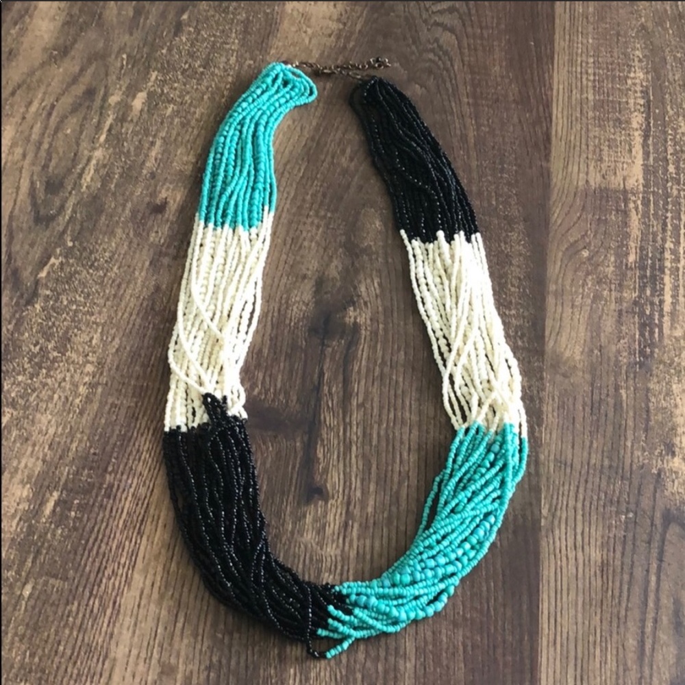 Chunky turquoise cream and black beaded necklace